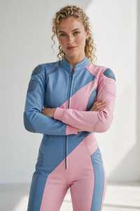 Women Leather Motorcycle Racing Suit Blue Pink Color Blocked Full Sleeve Windproof One Piece <b>Bodysuit</b> - Product Image 3
