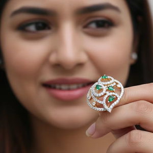 แหวนเงินแท้ 925 ประดับเพชรซิคอน มรกต และควอตซ์ทรงลูกแพร์ ดีไซน์วินเทจ ขายดี - Product Image 2