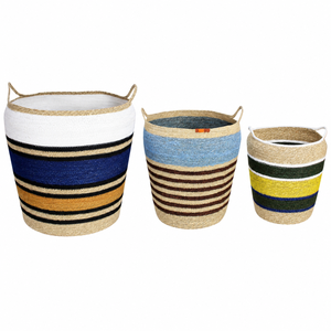 Paniers de rangement en rotin naturel colorés avec poignées, forme ronde, ensemble de 3 paniers multi-usages pour la décoration de la maison - Product Image 1