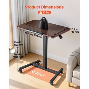 Bureau mobile réglable en hauteur 25,6 x 19 pouces avec plateau inclinable, petit ordinateur portable assis-debout sur roulettes - Product Image 2