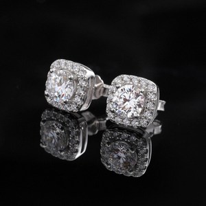 Cushion Halo Moissanite <b>Stud</b> Earrings Round Cut 925 Sterling <b>Silver</b> Classic Elegant Jewelry Gift For Women - Product Image 2