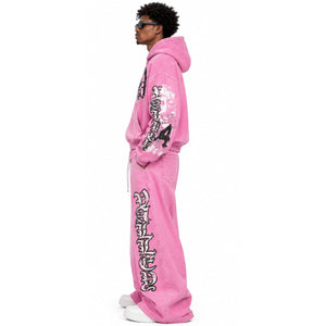 <b>Pink</b> Hooded <b>Tracksuit</b> Full Length Loose Fit Streetwear Sweatshirt And Pants Set With Letter Print Side Pockets Zipper Fly - Product Image 3
