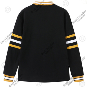 Cardigan noir en tricot pour femmes de sororité avec rayures jaunes et blanches, col en V, manches longues, pull décontracté, coupe classique, broderie grecque - Product Image 2