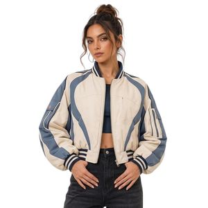 Blouson bomber oversize noir et rose pour femme, 100% polyester, épaules tombantes, fermeture éclair intégrale, confortable - Product Image 3