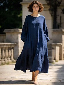 Vestido Maxi Amarillo Mostaza Estilo Boho para Mujer, Manga Larga, Corte Holgado, Vintage, de Algodón y Lino, Fluido, Informal, para Verano - Product Image 2