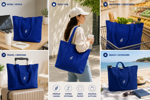 กระเป๋าผ้าแคนวาสสีน้ำเงินลายปักใบไม้ สไตล์มินิมอล ใช้ได้ทุกฤดู ปรับแต่งการปิดได้ ใช้สำหรับเดินทางและช้อปปิ้ง - Product Image 3