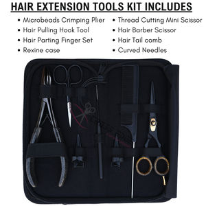 Kit de herramientas para extensiones de cabello de salón con alicates de crimpado plano, gancho de tracción, agujas curvas para extensiones, cortador de hilos y tijeras de peluquería - Product Image 2