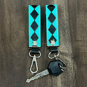 Newest Keychain Genuine Checkered Leather Wristlet Bohemian Wrist Strap <b>Car</b> Keyring Engraved Cowhide Leather Wristlet Key <b>Clip</b> - Product Image 4