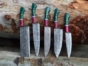 Custom Handmade Five-Piece Chef <b>Set</b> in Damascus Steel with Resin Handles Durable & <b>Sharp</b> Blades Ambidextrous Design Leather Bag - Product Image 2