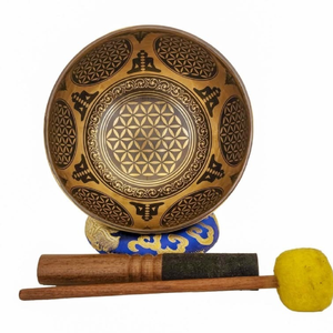Cuenco tibetano de latón grabado a mano con ilustraciones de yogis meditando e iconos de chakras, disponible a precios de mayorista. - Product Image 4