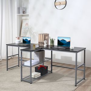 83\" Two-Person Black <b>Workstation</b> <b>Desk</b> with Middle Shelf and Storage for Home Office Computer <b>Desks</b> - Product Image 2