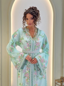 Mint <b>Green</b> <b>Silk</b> Kaftan Dress Women Embroidered V Neck Long Sleeve Modest Muslim Abaya Eid Party Gown - Product Image 4
