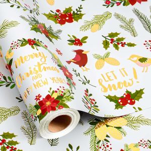 Bellissimo Carta da Regalo Vintage con Ghirlanda Natalizia Rossa e Fiori di Agrifoglio, 17 pollici x 33 piedi, Forniture per le Feste - Product Image 1