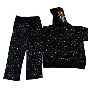 Huili Heavyweight Cotton Sunfaded <b>Washed</b> Rhinestone Hooded Streetwear Two Piece <b>Set</b> Men Custom Logo Printed Hoodie Sweatpants - Product Image 1