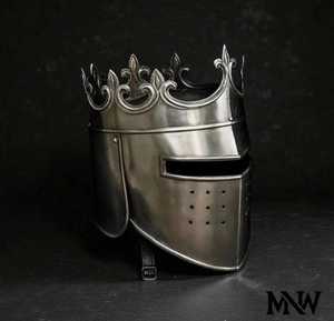 <b>Silver</b>-Plated Stainless Steel Knight Helmet With <b>Crown</b> Design Polished Antique Style Armor Collectible Art Piece - Product Image 1