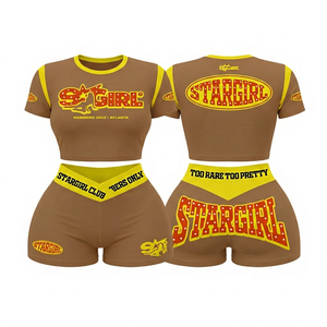 Ensemble 2 pièces crop top et short pour femme, noir et jaune, imprimé lettres, style sexy clubwear, printemps-été, sportif, coupe ajustée au genou - Product Image 5