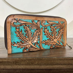 Customized Hand <b>Tooled</b> Genuine <b>Leather</b> Wallet Floral Leaf Carving & Turquoise Background Zipper Closure Card Holder Women Clutch - Product Image 5
