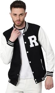 <b>Men's</b> Black <b>White</b> Varsity <b>Jacket</b> Letter R Print Preppy Style Regular Fit Polyester Material Turn-down Collar Single Button - Product Image 1