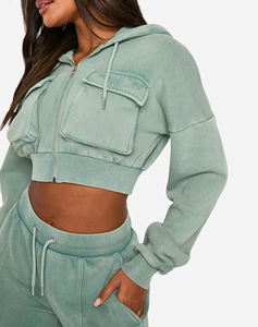 Women's <b>Mint</b> <b>Green</b> Cropped Utility Hoodie Wide Leg Sweatpants 2-Piece Tracksuit Set Custom Orange Logo Streetwear Casual Fleece - Product Image 6