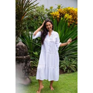 เดรสผ้าฝ้ายสีขาวสำหรับผู้หญิง ทรงมิดิ สไตล์โบฮีเมียน ทรงหลวม ติดกระดุมด้านหน้า แขนสั้น เหมาะสำหรับใส่ลำลองช่วงฤดูร้อน ชุดเดรสชายหาด แต่งด้วยลูกไม้ - Product Image 1