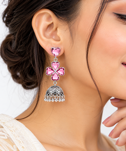 Boucles d'oreilles pendantes Jhumka indiennes bohèmes en laiton rose personnalisées, serties d'opale, plaquées argent antique, motif floral, pour femme - Vente chaude - Product Image 2