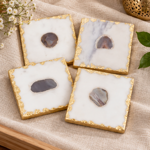 Posavasos cuadrado de mármol de lujo de latón AK, juego de mármol blanco y dorado de 4, mármol de diseño Premium para utensilios de cocina/Decoración de mesa con acento - Product Image 2