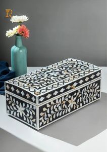 Moroccan Style Wooden <b>Jewelry</b> <b>Box</b> Set With Blue Lattice Pattern 2 Layer Storage With Lid Rectangle Shape - Product Image 4