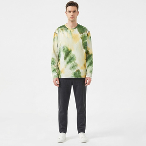 Men's <b>Tie</b>-Dye Long Sleeve O-Neck <b>Knitted</b> Casual T-Shirt Regular Fit Green Yellow Pattern - Product Image 2