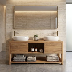 Meuble-lavabo double vasque en bois de teck, finition naturelle, meuble de rangement en bois massif avec étagère - Product Image 1