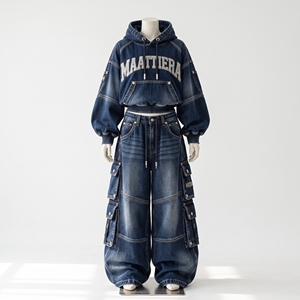 <b>Womens</b> Dark Blue Washed Denim Cargo Tracksuit Cropped Oversized Hoodie <b>Baggy</b> Wide Leg <b>Jeans</b> Streetwear Custom OEM Wholesale - Product Image 3