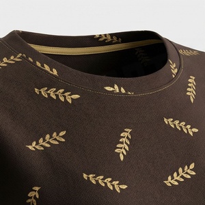 Conjunto de pantalones cortos de punto de 2 piezas para mujer, estampado con patrón de hojas, cuello redondo, manga corta, informal, por encima de la rodilla, traje para estar en casa - Product Image 4