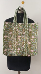 Traditional Green Cotton Tote Bag with Floral Print Bohemian Style <b>Summer</b> Casual Open Top Shopping <b>Handbag</b> for Women - Product Image 6