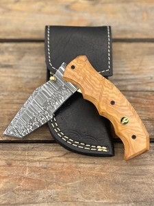 Cuchillo Plegable de Caza Hecho a Mano con Hoja de Damasco, Punta Caída, Mango de Madera Natural, Funda de Cuero, para Camping al Aire Libre, Venta al por Mayor OEM ODM - Product Image 3