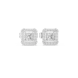 Princess Cut Synthetic <b>Diamond</b> <b>Square</b> Halo Stud <b>Earrings</b> 18K Solid Gold Fine Jewelry Women Round Pave Side Accent - Product Image 3