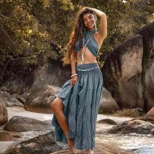 Falda larga bohemia escalonada para mujer, de gasa de algodón orgánico, amplia y fluida, ligera, estilo bohemio, para verano - Product Image 1