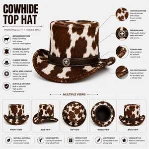 Sombrero de Cuero con Estampado de Vaca, Estilo Europeo y Americano, Unisex, para Fiestas Formales, para las Cuatro Estaciones, para Adultos - Product Image 6