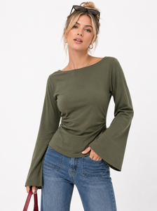 Trendy Long Bell Sleeve Sparkly <b>Rhinestone</b> women's shirt Elegant Boat Neck Ruched <b>Top</b> Premium Cotton Blend Custom Bling Blouse - Product Image 5
