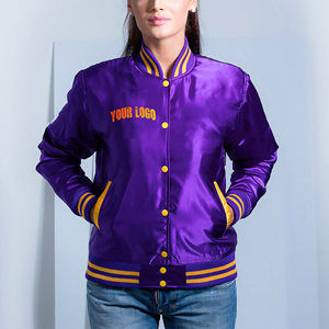 High Quality Women's <b>Purple</b> Satin <b>Varsity</b> <b>Jacket</b> Casual Wear Breathable Dyed Custom OEM Wholesale Service Full Sleeve Autumn - Product Image 1