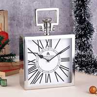 Horloge de table carrée en acier inoxydable avec poignée en métal, horloge de bureau analogique à chiffres romains pour la maison, le bureau, le salon et la décoration de cheminée