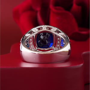 Mens Sapphire Blue CZ Cluster <b>Ring</b> 14K Gold VVS-VS DEF Inlay Band <b>Fine</b> Jewelry for Him on Wedding Engagement - Product Image 4