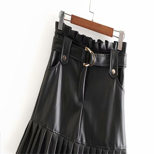 Mini-jupe en cuir PU pour femme avec ourlet plissé et poches, couleur unie, brillante, taille normale, style toutes saisons - Product Image 4