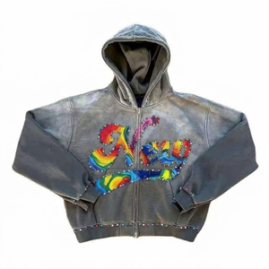Sweat-shirts à capuche en molleton imprimé numérique, écologiques, avec strass, à faible MOQ, prix de gros abordable, pour hommes, avec fermeture éclair et strass - Product Image 3