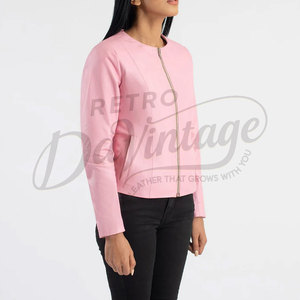 Premium Women Pink Real <b>Leather</b> <b>Jacket</b> Collarless Round Neck Slim Fit Soft Sheepskin Casual Coat Elegant <b>Leather</b> Outerwear - Product Image 3