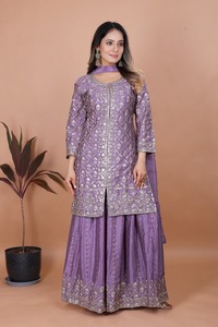 Elegant Chinon Silk Shimmer <b>Sequin</b> Tunic Multi <b>Flare</b> Palazzo Pants Heavy Scarf Pack Girls Three Piece Boutique Suit - Product Image 3