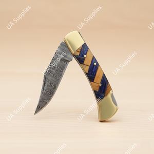 Couteau pliant en acier Damas, manche en bois et laiton, lame à pointe clip, couteau de poche EDC utilitaire pour extérieur/camping/chasse, 7,5 pouces, DIY - Product Image 3