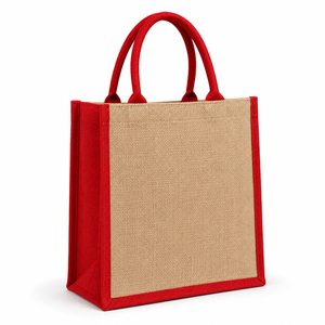 Red Custom Logo Jute Shopping <b>Bag</b> with Canvas Trim Small Size <b>Zipper</b> Closure Handled Supermarket <b>Tote</b> - Product Image 1