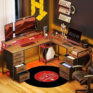 "<b>Rustic</b> Brown Reversible L Shaped Computer <b>Desk</b> with File Drawer Power Outlets & LED Lights-Bookshelf Option" - Product Image 2