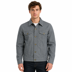 High Quality Custom <b>Men's</b> Grey Denim <b>Jacket</b> Slim Fit Vintage Streetwear Casual Cotton Button Up <b>Trucker</b> Jean <b>Jackets</b> <b>Men</b> - Product Image 1