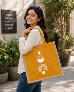 Geometric Pattern Jute Beach Tote <b>Bag</b> <b>Medium</b> <b>Size</b> Top Handle Groceries Shopping Yellow with White Silk Screen Design - Product Image 4