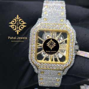 Montre pour homme de luxe Pahal Jewels, diamant, boîtier carré en acier inoxydable, moissanite, mouvement à quartz analogique vintage, chiffres romains - Product Image 1